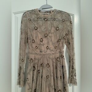 Mac Duggal Embellished Long Sleeve Dress in Beige